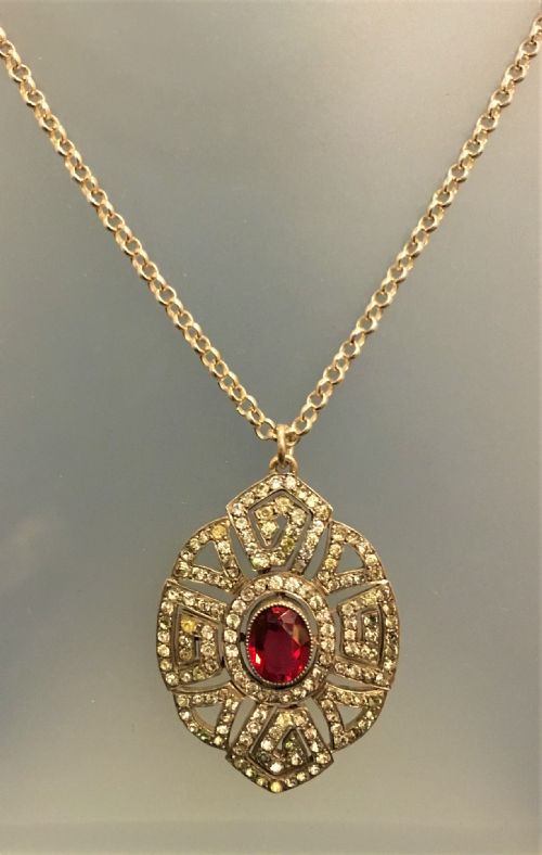 Art Deco Silver Backed Paste Pendant on Sterling Silver Chain C1920s