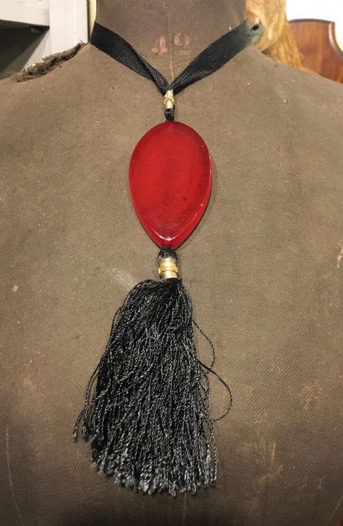 1920s Art Deco Cherry Red Bakelite Pendant on Ribbon Tasselled Necklace