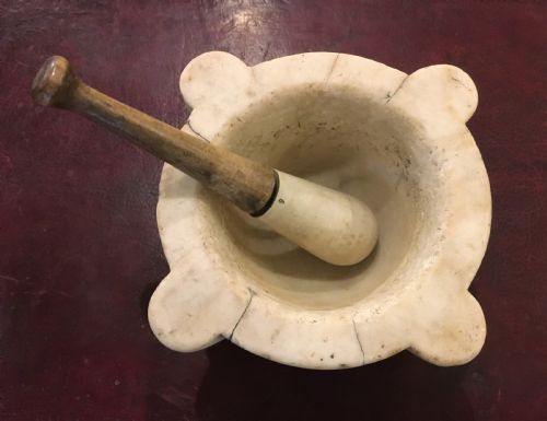 A Rare Antique C19th Soft White Italian Marble Mortar with a Victorian Pine Hafted Pestle