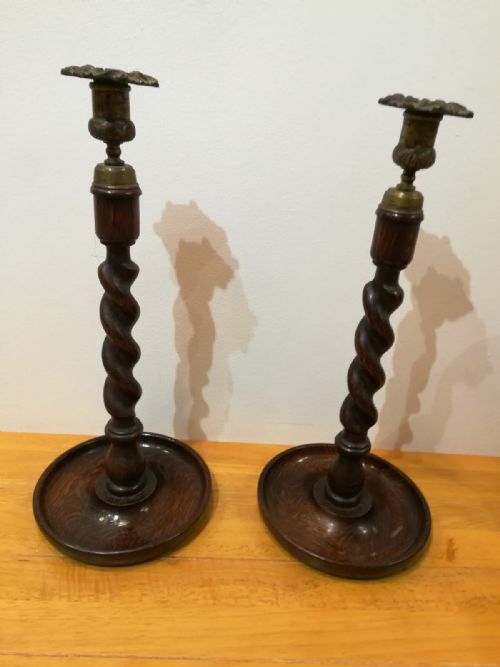 Large Pair of Wooden "Barley Twist" Candlesticks Early C20th