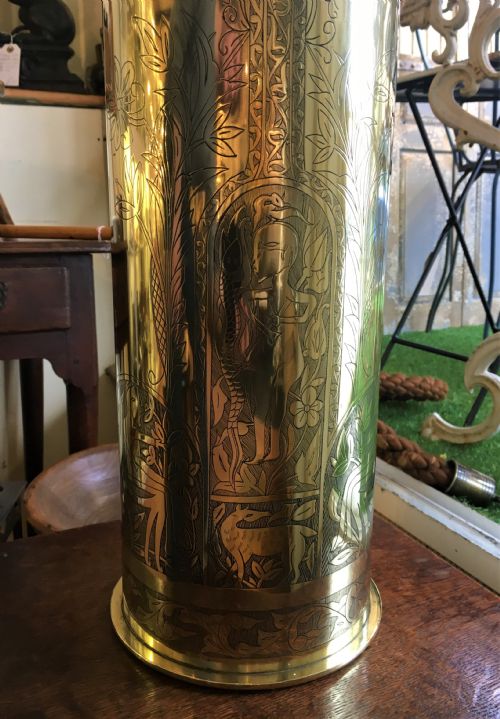 GERMAN TRENCH ART DECORATED BRASS SHELL CASE DATED 1908 - ADDITIONAL PHOTO 2