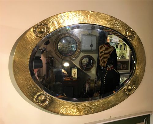 arts crafts oval hammered brass mirror c1910 - CATEGORY: ANTIQUE MIRRORS - DATED 1910