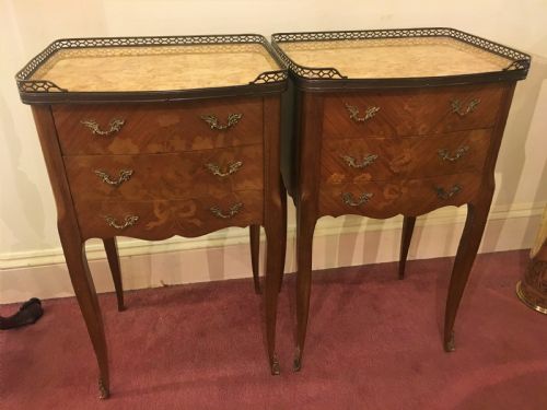 Pair of Walnut Veneer French Bedside Cabinets with Marble Tops and Galleries C1910