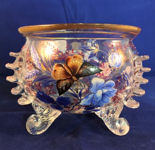 moser a small beautifully enamelled gilded floral and butterfly footed bowl unsigned c1880 - CATEGORY: ANTIQUE GLASS - DATED 1880