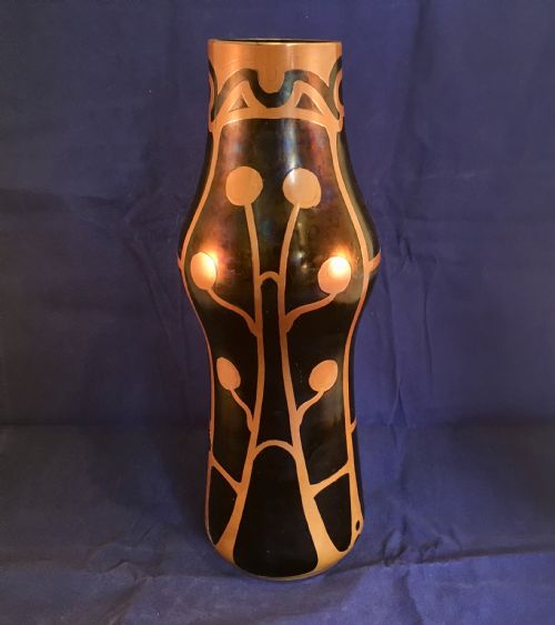 KRALIK ART NOUVEAU PURPLE LUSTRE VASE WITH OVERLAYED COPPER STYLIZED FLORAL HEADS STEMS C1900 - ADDITIONAL PHOTO 1