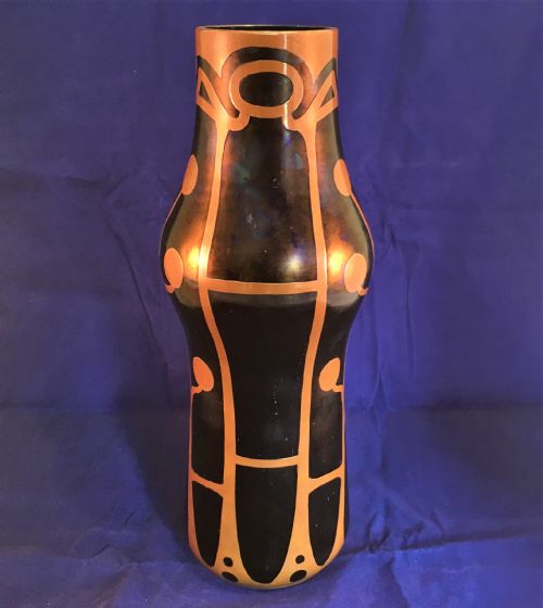 kralik art nouveau purple lustre vase with overlayed copper stylized floral heads stems c1900 - CATEGORY: ANTIQUE MISCELLANEOUS - DATED 1900
