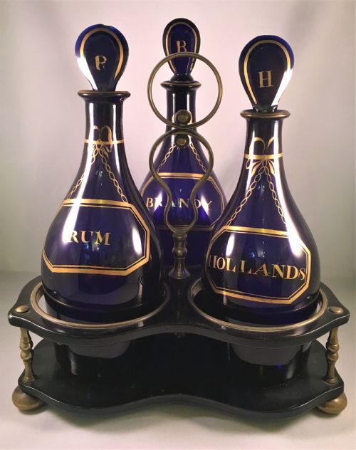 set of three bristol blue club shape decanters with gilt labels c1810 - CATEGORY: ANTIQUE GLASS - DATED 19TH CENTURY
