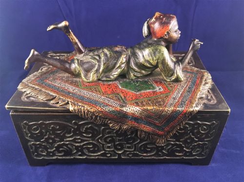 AUSTRIAN COLD PAINTED BRONZE TABLE CASKET WITH ARAB BOY RECLINING UPON AN EXOTIC CARPET C1900 - ADDITIONAL PHOTO 1