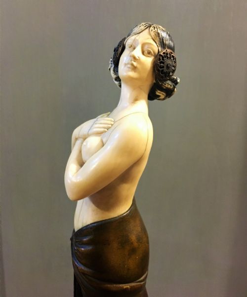 B GRUNDMANN BRONZE AND IVORY FIGURE OF SALOME MOUNTED ON MARBLE PLINTH C19TH SIGNED - ADDITIONAL PHOTO 1