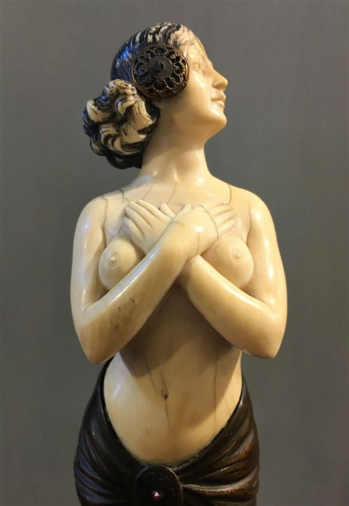 B GRUNDMANN BRONZE AND IVORY FIGURE OF SALOME MOUNTED ON MARBLE PLINTH C19TH SIGNED - ADDITIONAL PHOTO 4