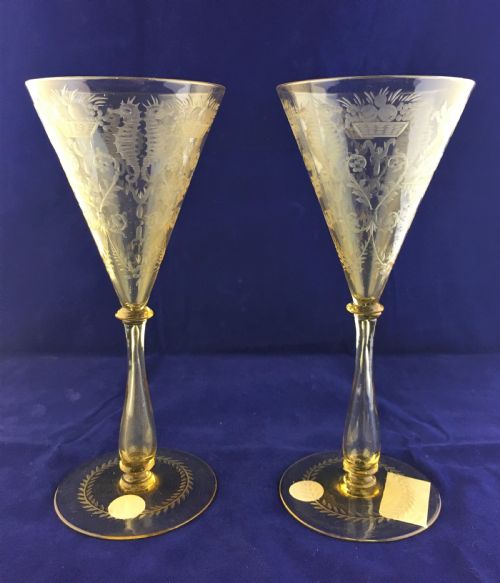 cvm venetian engraved amber coloured funnel bowl wine glasses c1890 - CATEGORY: ANTIQUE GLASS - DATED 1890
