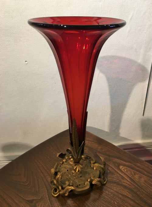 french panel cut ruby glass trumpet bowl vase c19th - CATEGORY: ANTIQUE GLASS - DATED 19TH CENTURY