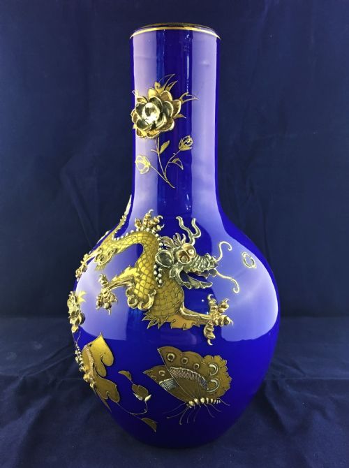 stourbridge blue on white baluster glass vase with gilding dragon c1880 - CATEGORY: ANTIQUE GLASS - DATED 1880
