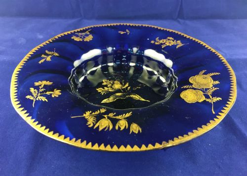 'james giles' rib moulded recessed blue bowl with gilt dogtooth rim floral panels c18th - CATEGORY: ANTIQUE GLASS - DATED 18TH CENTURY