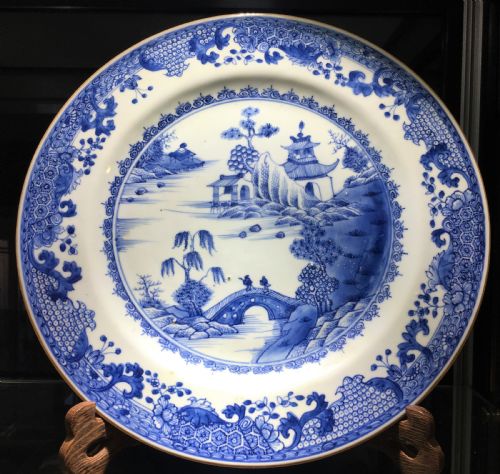 qianlong blue white dish mountain scene with scholars on bridge c18th - CATEGORY: ANTIQUE PLATES - DATED 18TH CENTURY