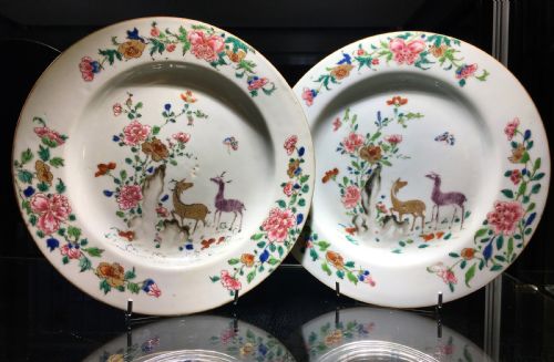 chinese pair of qianlong famille rose dishes deers peonies in garden c18th - CATEGORY: ANTIQUE PLATES - DATED 18TH CENTURY