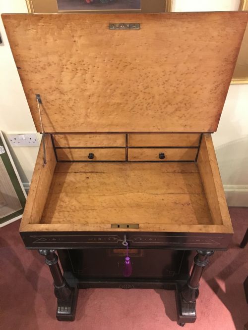 DAVENPORT EBONISED WITH BURR ELM EDGING SATINWOOD INTERIOR BRASS GALLERY C1850 - ADDITIONAL PHOTO 2
