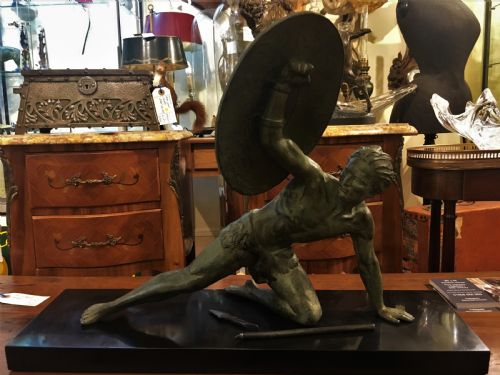 jean de roncourt original french art deco male hunter figure signed c192030 - CATEGORY: ANTIQUE METAL - DATED 1920
