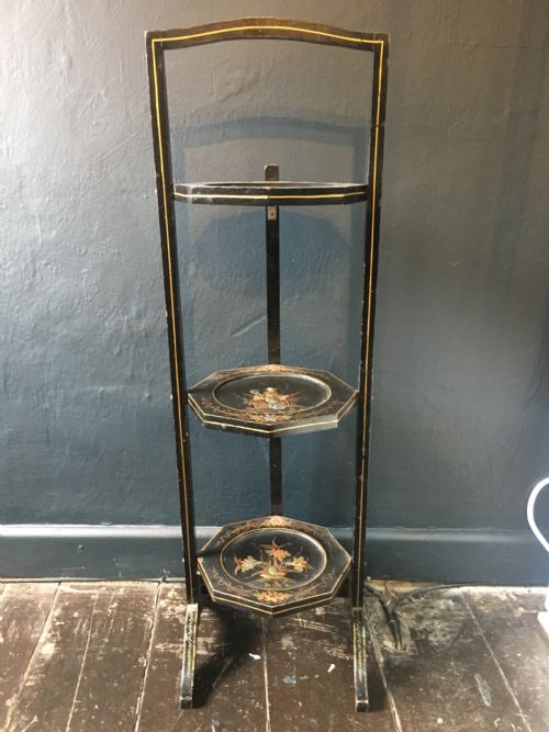 FOLDING CAKE STAND BLACK LACQUERED HAND PAINTED IN CHINOISERE STYLE C1920 - ADDITIONAL PHOTO 2