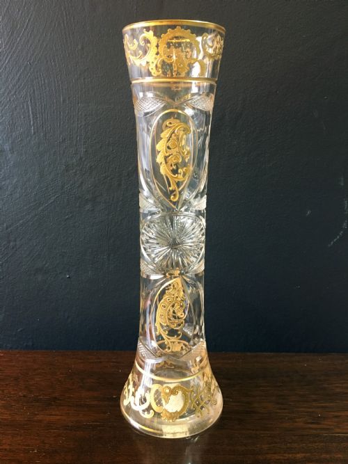 st louis crystal gilt cut glass vase with rococo scrolls cut with sunbursts hatched panels c1890 - CATEGORY: ANTIQUE GLASS - DATED 1890