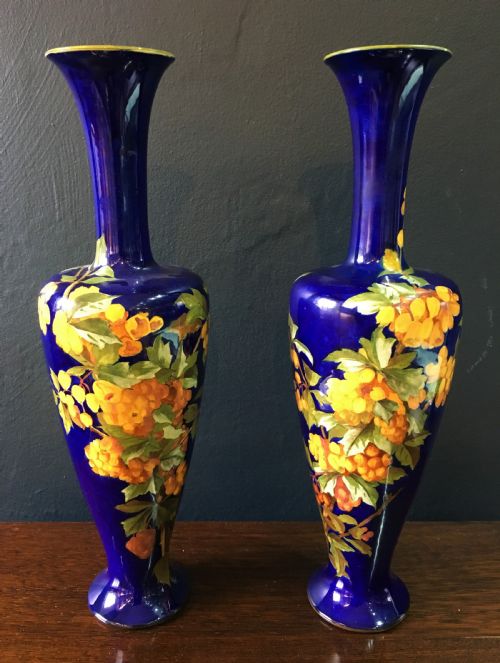 emily j gilman signed royal doulton pair of faience vases painted with flowering stems c1900 - CATEGORY: ANTIQUE VASES - DATED 1900