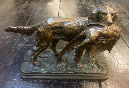 alfred dubucand signed hunting dog flatcoat retriever cold cast bronze original c19th - CATEGORY: ANTIQUE SCULPTURES - DATED 19TH CENTURY