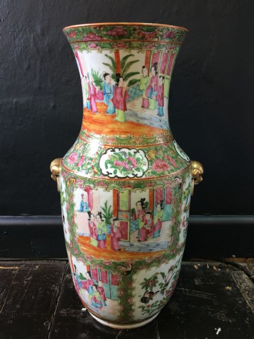 cantonese vase cartouched scenes of ladies in interior flower bird mask ring ears c19th - CATEGORY: ANTIQUE VASES - DATED 19TH CENTURY