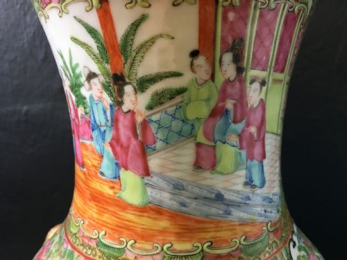 CANTONESE VASE CARTOUCHED SCENES OF LADIES IN INTERIOR FLOWER BIRD MASK RING EARS C19TH - ADDITIONAL PHOTO 2