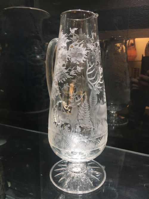 stourbridge jug engraved with stag deer in a woodland c1870 - CATEGORY: ANTIQUE GLASS - DATED 1870