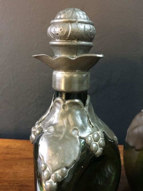 TWO ART NOUVEAU GLASS BOTTLES WITH PEWTER OVERLAY DECORATION STOPPERS C19TH - ADDITIONAL PHOTO 2