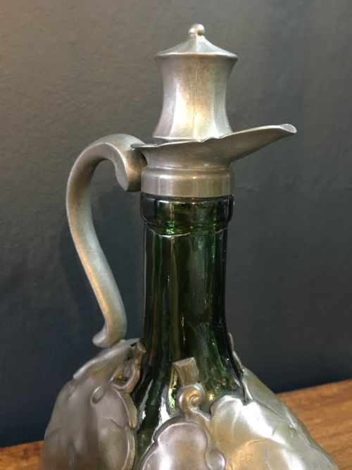 TWO ART NOUVEAU GLASS BOTTLES WITH PEWTER OVERLAY DECORATION STOPPERS C19TH - ADDITIONAL PHOTO 3