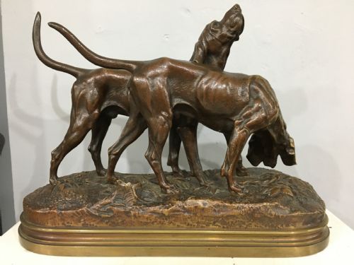 ALFRED DUBUCAND SIGNED ORIGNIAL FRENCH BRONZE CASTING OF A PAIR OF HUNTING DOGS C19TH - ADDITIONAL PHOTO 3