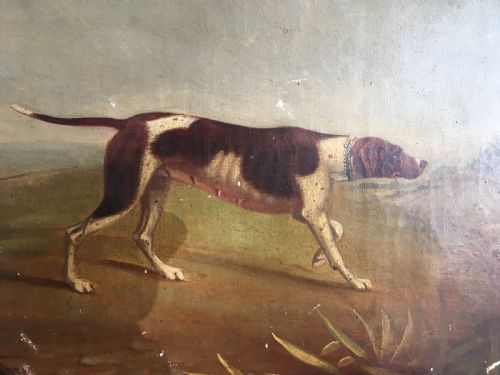ENGLISH NAIVE SCHOOL OIL PAINTING ON CANVAS GENT AND HIS POINTER BITCH OUT SHOOTING C19TH - ADDITIONAL PHOTO 3