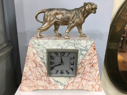 original french art deco clock with lioness c192030 - CATEGORY: ANTIQUE CLOCKS - DATED 1920