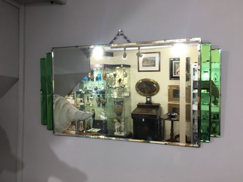 original art deco mirror with wooden back hanging chain c1930 - CATEGORY: ANTIQUE MIRRORS - DATED 1930