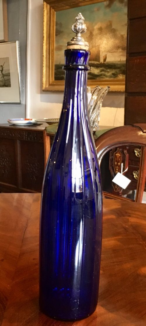tall bristol blue vertically ribbed bottledecanter c 1840 - CATEGORY: ANTIQUE GLASS - DATED 19TH CENTURY