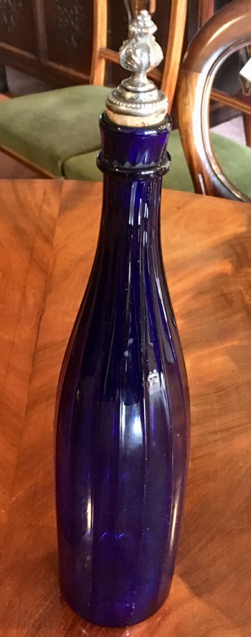 TALL BRISTOL BLUE VERTICALLY RIBBED BOTTLEDECANTER C 1840 - ADDITIONAL PHOTO 1