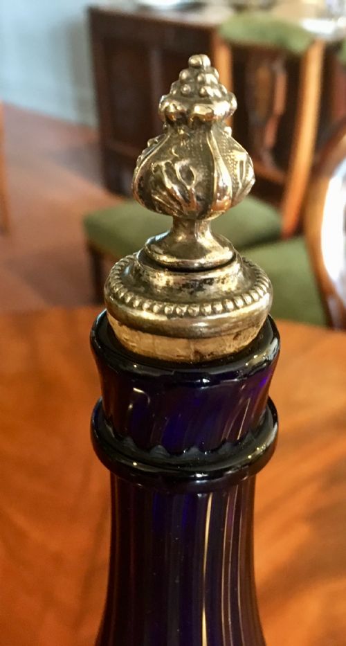 TALL BRISTOL BLUE VERTICALLY RIBBED BOTTLEDECANTER C 1840 - ADDITIONAL PHOTO 2