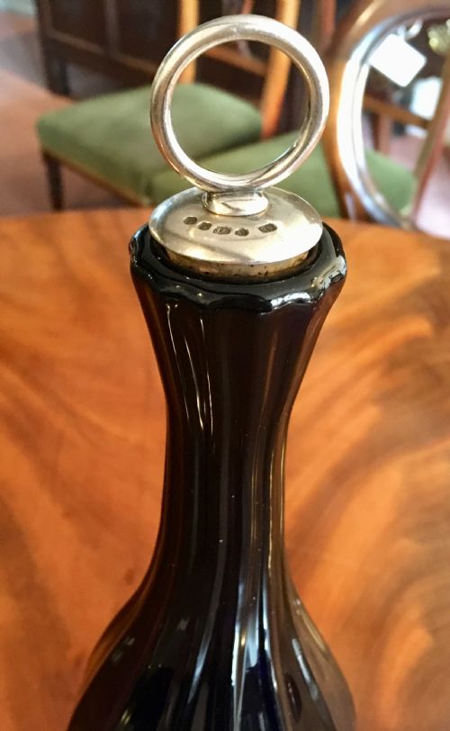 BRISTOL BLUE RIBBED BOTTLE WITH SILVER PLATED CORK STOPPER C1840 - ADDITIONAL PHOTO 1