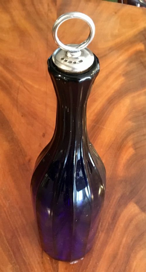 BRISTOL BLUE RIBBED BOTTLE WITH SILVER PLATED CORK STOPPER C1840 - ADDITIONAL PHOTO 2