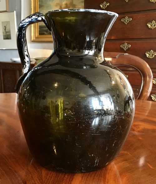 nailsea jug in olive green with white enamelled rim c1810 - CATEGORY: ANTIQUE GLASS - DATED 19TH CENTURY