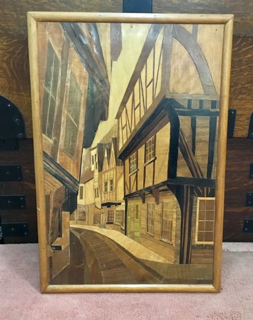 'the shambles' york rowley gallery style marquetry street scene c 1930 - CATEGORY: ANTIQUE ART - DATED 1930