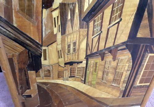 'THE SHAMBLES' YORK ROWLEY GALLERY STYLE MARQUETRY STREET SCENE C 1930 - ADDITIONAL PHOTO 4