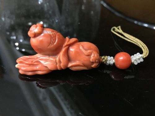 carved coral peach pomegranite and finger citron fruit of longevity with seed pearls c19th - CATEGORY: ANTIQUE MISCELLANEOUS - DATED 19TH CENTURY