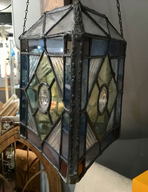 ORIGINAL ARTS CRAFTS LEAD STAIN GLASS TRIANGULAR LANTERN C1910 - ADDITIONAL PHOTO 1
