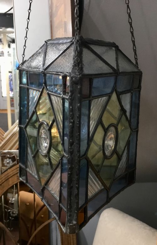 ORIGINAL ARTS CRAFTS LEAD STAIN GLASS TRIANGULAR LANTERN C1910 - ADDITIONAL PHOTO 2