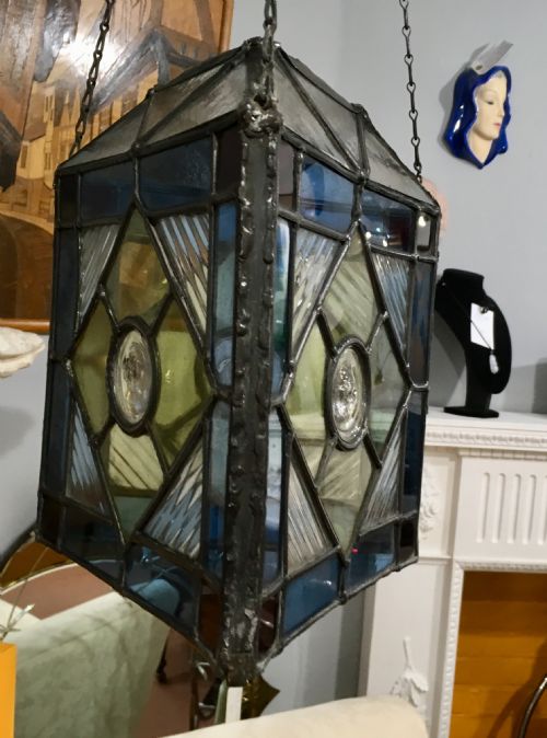 ORIGINAL ARTS CRAFTS LEAD STAIN GLASS TRIANGULAR LANTERN C1910 - ADDITIONAL PHOTO 3