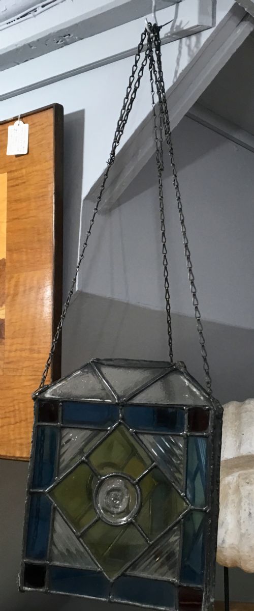 ORIGINAL ARTS CRAFTS LEAD STAIN GLASS TRIANGULAR LANTERN C1910 - ADDITIONAL PHOTO 4