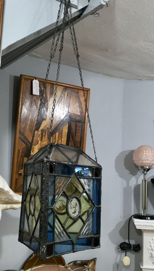 ORIGINAL ARTS CRAFTS LEAD STAIN GLASS TRIANGULAR LANTERN C1910 - ADDITIONAL PHOTO 5