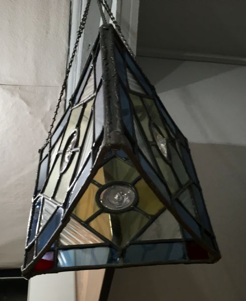 ORIGINAL ARTS CRAFTS LEAD STAIN GLASS TRIANGULAR LANTERN C1910 - ADDITIONAL PHOTO 6
